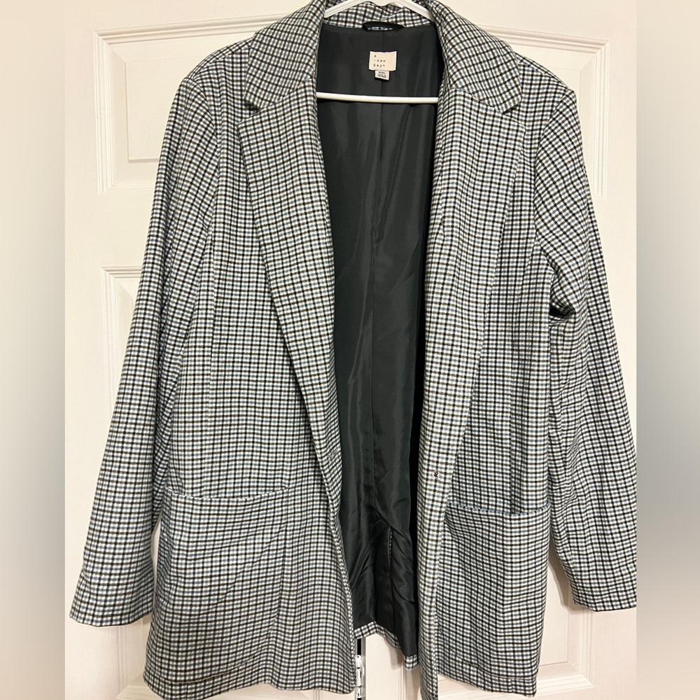 Grey, black, and blue checkered blazer